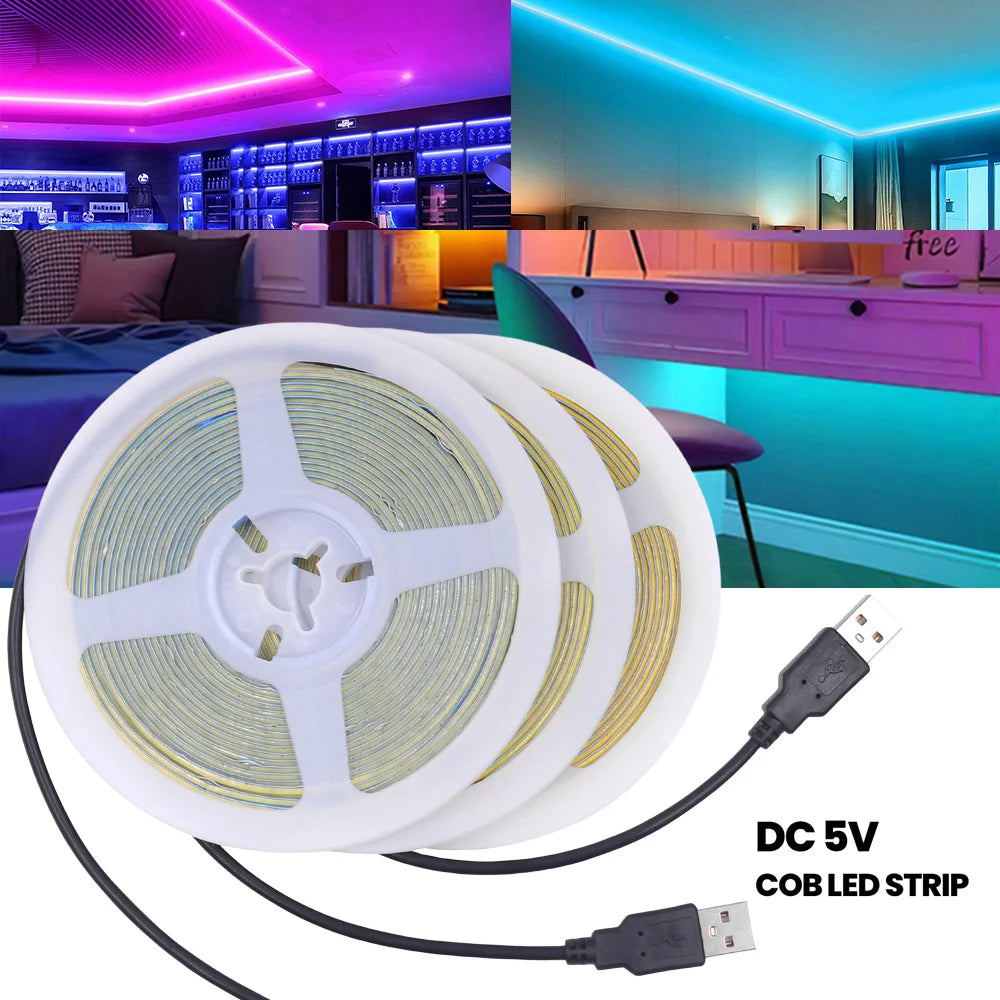 5V USB 3mm PCB COB LED Strip Light with Switch Dimmer Remote Control 320 LEDs High Density Linear Lighting Flexible Tape Lamp