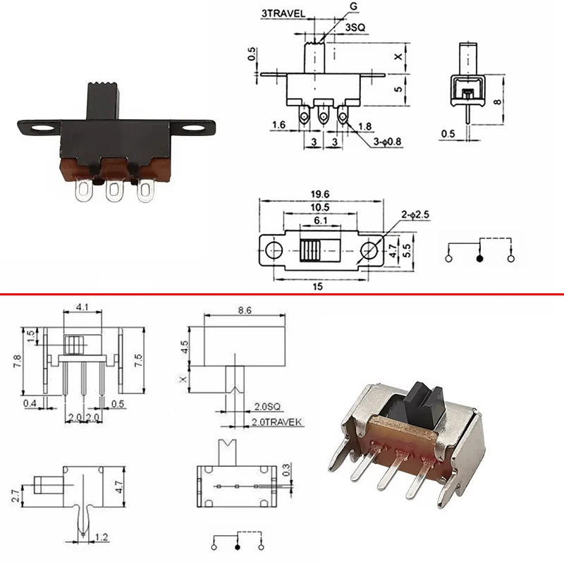 20Pcs SK12D07VG/SS12D00/SS12F15 Toggle Switch 3 Pin 1P2T PCB Slide Switch DIP ON-OFF Handle High:2mm/3mm/4mm/5mm/6mm