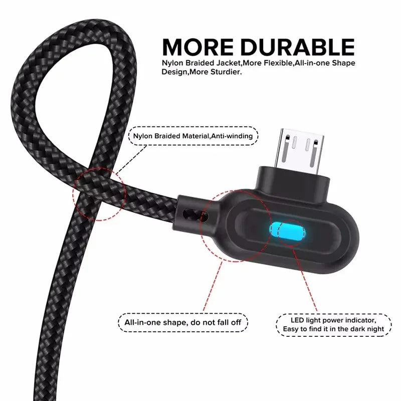 90 Degree USB Type C Cable Fast Charging USB A To Micro Cable For Samsung Xiaomi Huawei Android Phones USB C Data Cable 1M 2M