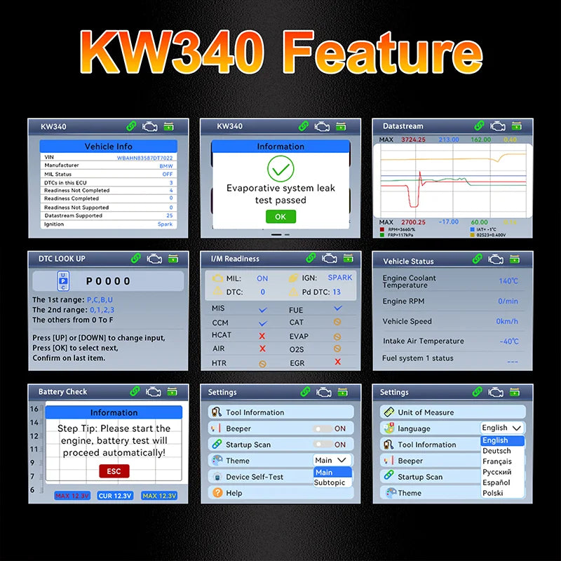 KONNWEI KW340 Car OBD2 Diagnostic Tool CAN EOBD 3in1 Engine Battery Test Read Clear Fault Code Real-Time Data O2 Inspection Tool