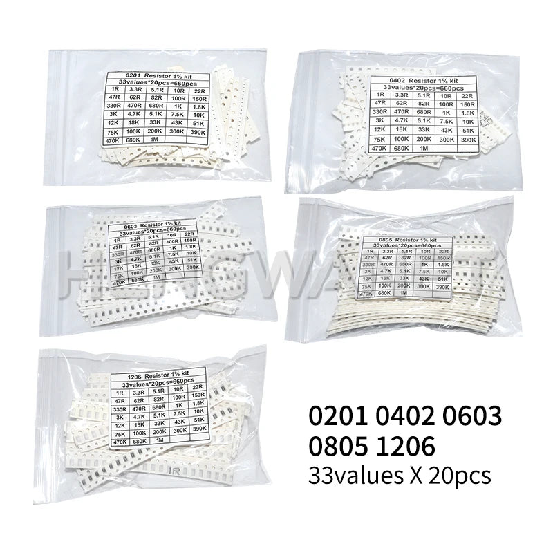 660pcs=33valuesX 20pcs 1% 100% Brand New and High Quality 1206 0603 0402 0805 0201 SMD Resistor Sample Assorted Kit