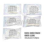 660pcs=33valuesX 20pcs 1% 100% Brand New and High Quality 1206 0603 0402 0805 0201 SMD Resistor Sample Assorted Kit