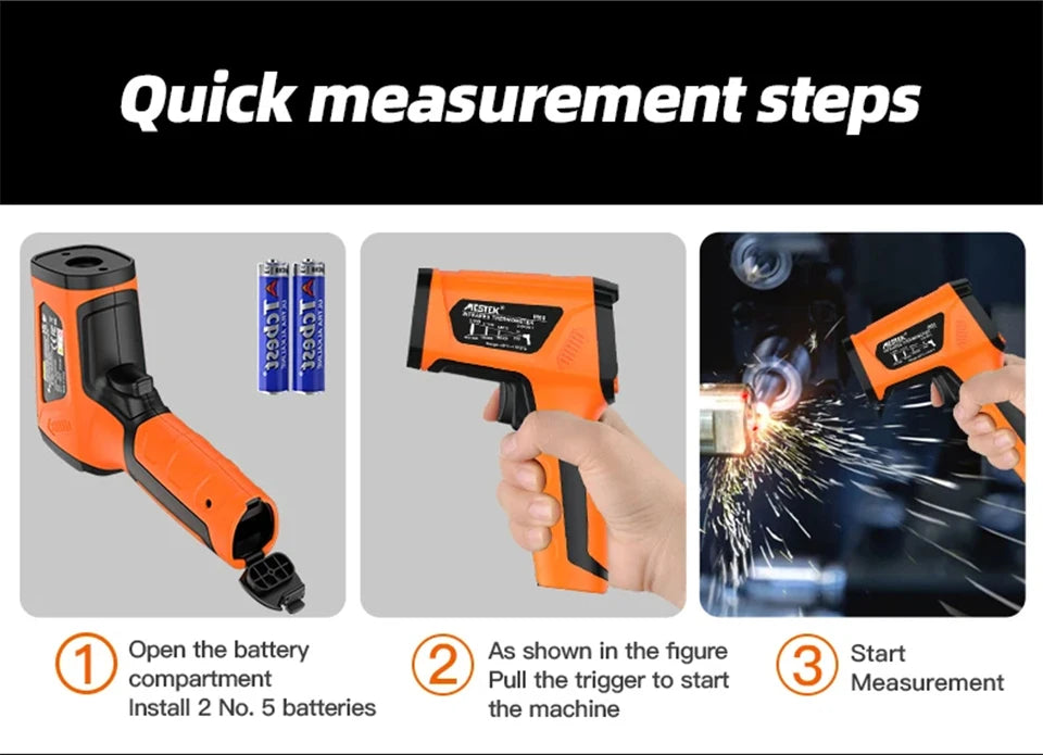 Non-contact Infrared Thermometer -40°C~1600°C High Temperature Meter with K-type Probe Laser Pyrometer Adjust Emissivity