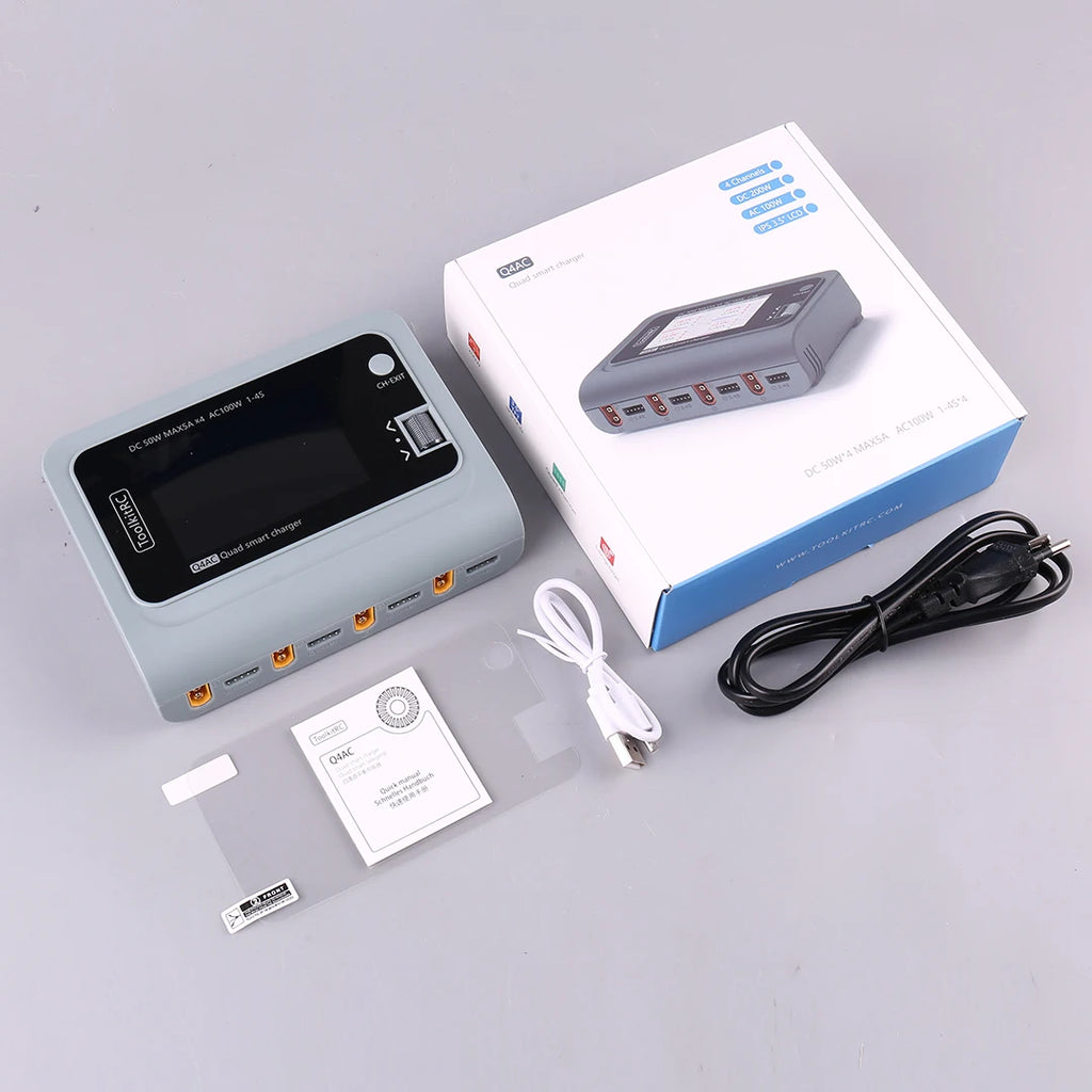 ToolkitRC Q4AC 4x50W 5A AC 100W 4 Port DC Smart Discharger Charger XT60/XT30 Optional for 1-4S Lipo Battery