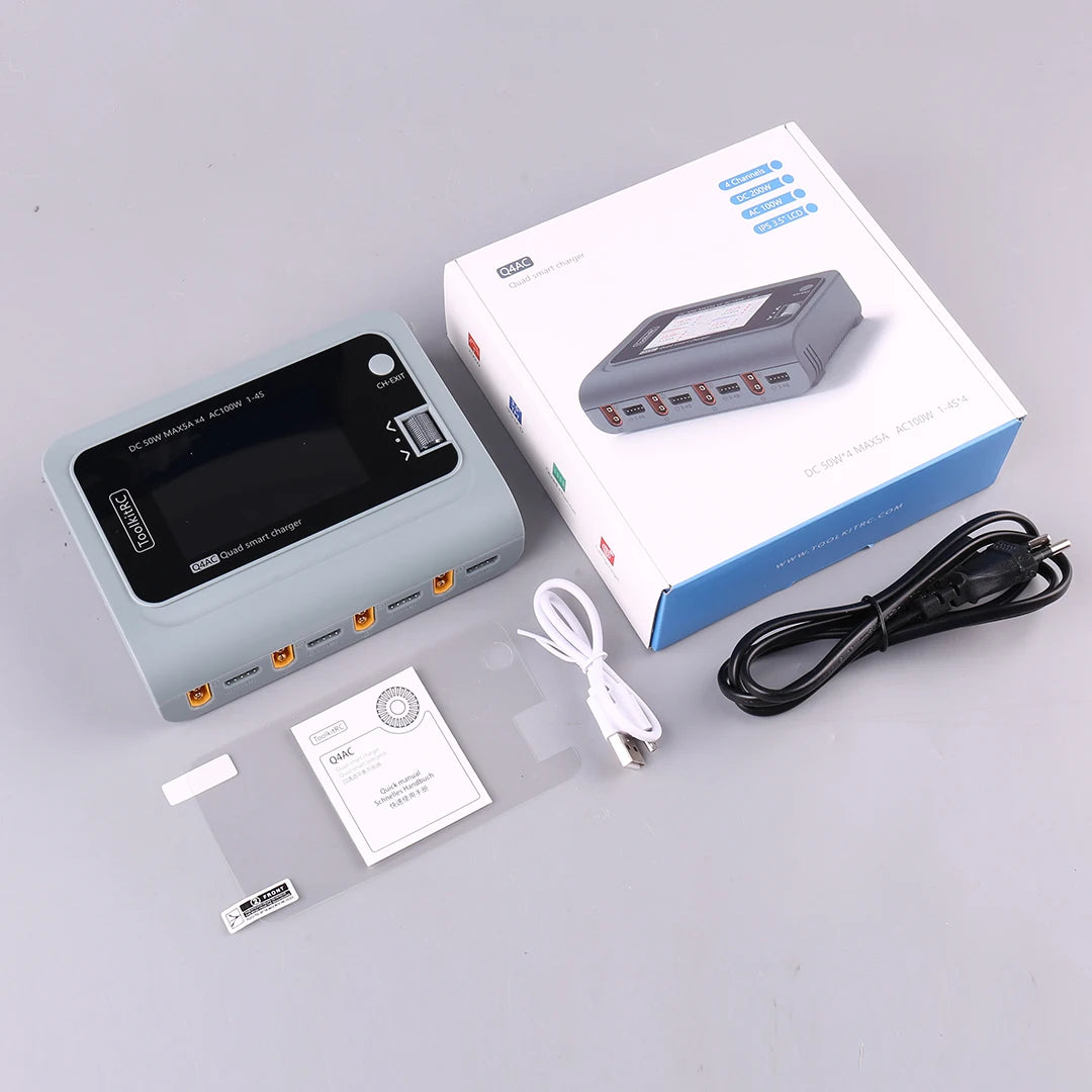ToolkitRC Q4AC 4x50W 5A AC 100W 4 Port DC Smart Discharger Charger XT60/XT30 Optional for 1-4S Lipo Battery