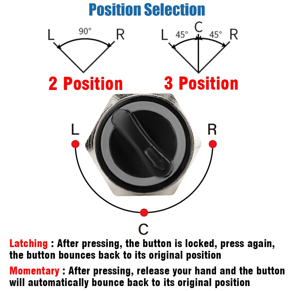 19mm Black Self-return Momentary Self-locking Fixation Waterproof DPDT Illuminated Metal Selector Rotary Switch 2/3 Position LED