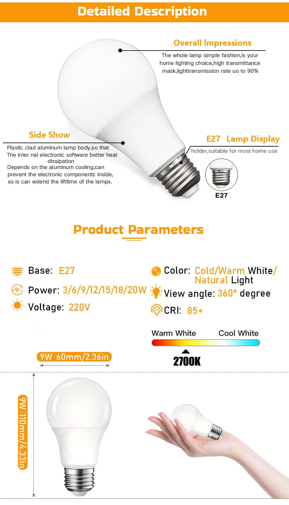 24pcs LED Bulb Lamps E27 AC220V Light Bulb Real Power 20W 18W 15W 12W 9W 6W 3W Lampada Living Room Home LED Bombilla