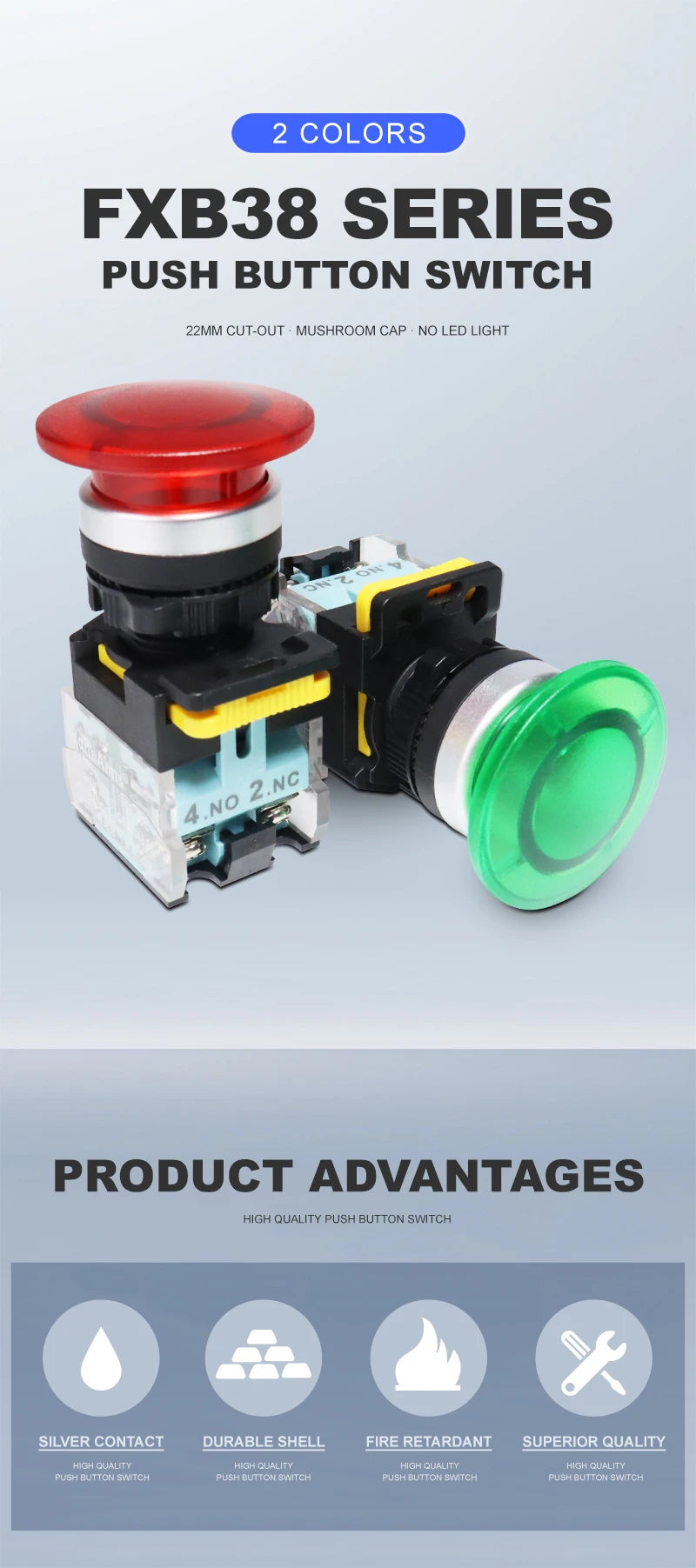 Big Red Green Mushroom Push Button Switch Vaneaims 22MM FXB38 10A 1NO1NC Latching Momentary Starter Stop Enter Buttons Switches