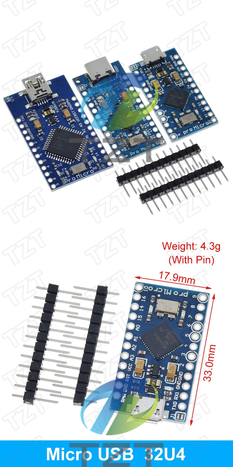TZT Pro Micro ATmega32U4 5V 16MHz Original Chip Replace ATmega328 For Arduino Pro Mini With 2 Row Pin Header For Leonardo UNOR3