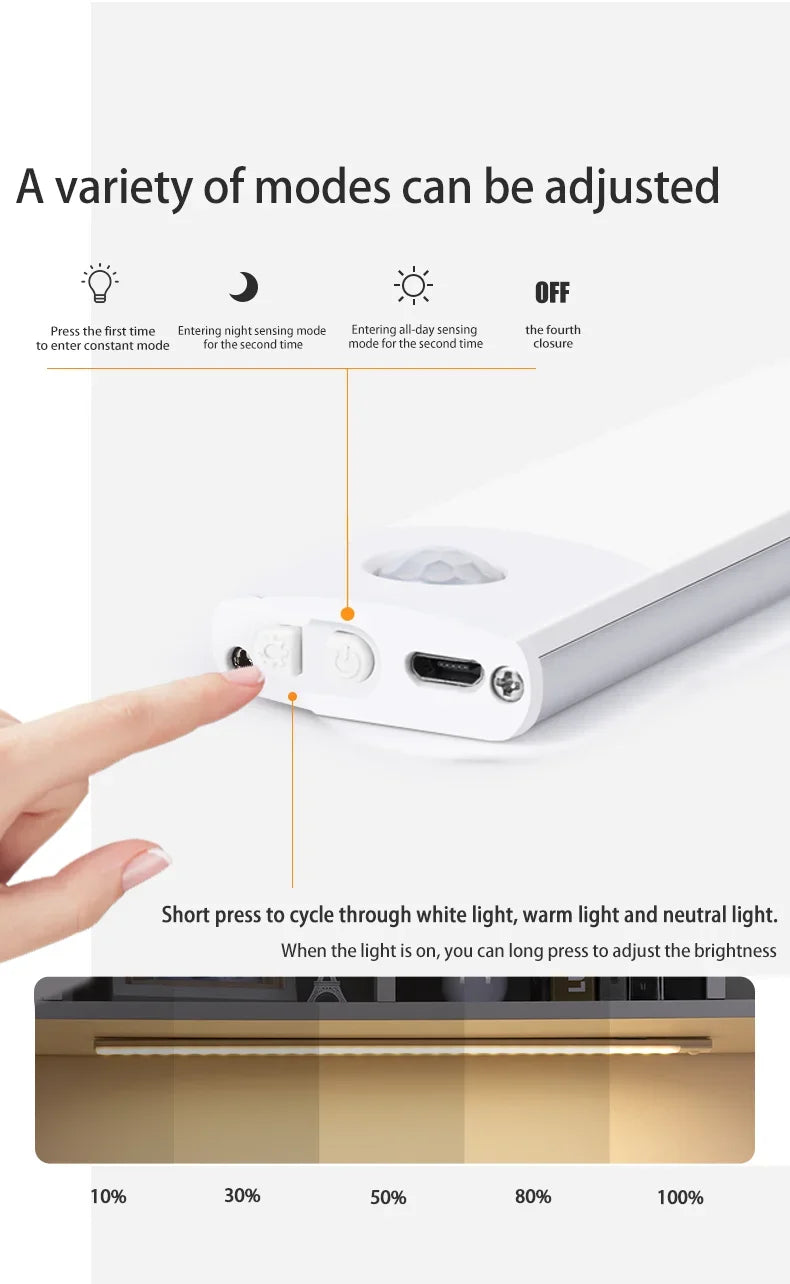 LED Bar Light Motion Sensor USB Rechargeable Led Cabinet Lights for Kitchen Wardrobe Cabinet Lighting 30cm/40cm/50cm Night Light