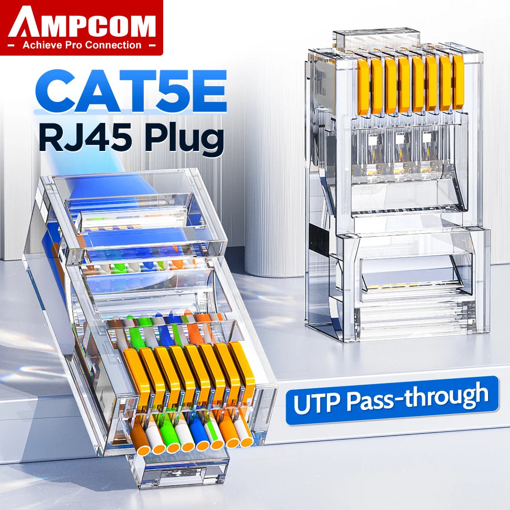 AMPCOM CAT5E RJ45 Connector Pass Through 8P8C Modular Ethernet Cable RJ 45 Ends Ethernet Cable Crimp Connectors UTP Network Plug
