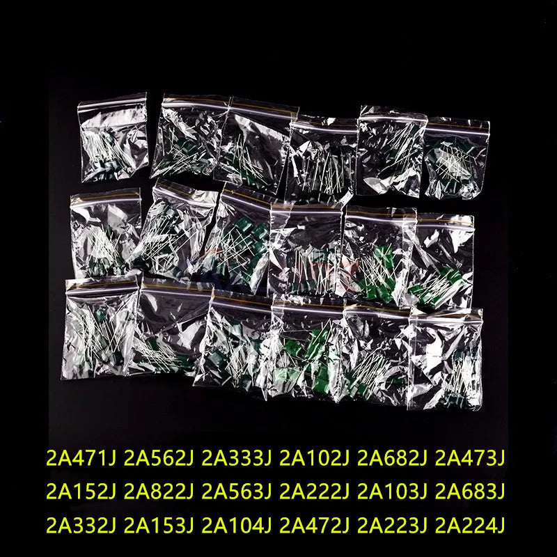 180PCS Polyester Film Capacitor Kit 100V 1nF 1.5nF 2.2nF 100nF 2A102J 2A471J 2A222J 2A392J 2A332J 2A472J 2A103J 2A473J 2A563J