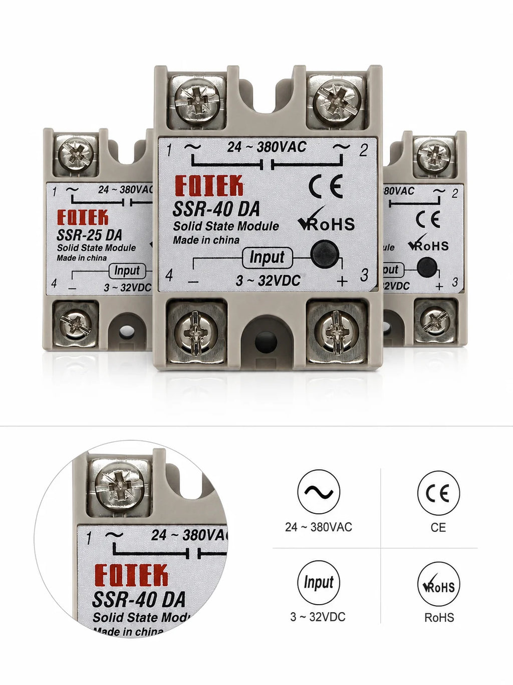 Solid State Relay SSR DA Single Phase 10A 25A 40A 60A 80A 100A 3-32VDC Input 24-380VAC Output for PID Temperature Control