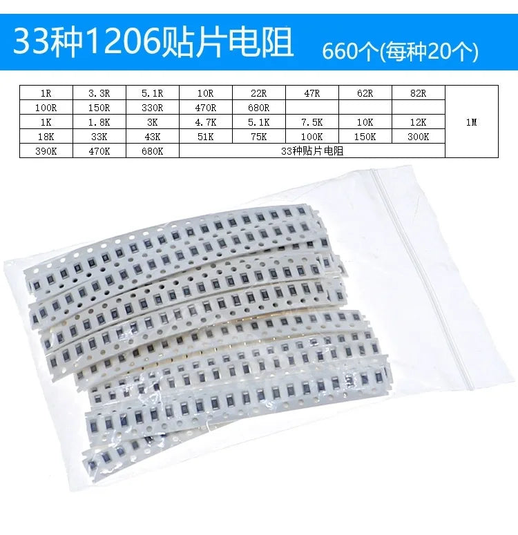 (50-4000pcs) 100% New 0402 0603 0805 1206 1210 2010 2512 SMD Resistor Assorted Kit 1K 1R 0R-910R 1K-910K 1M-10M Resistance 1% 5%