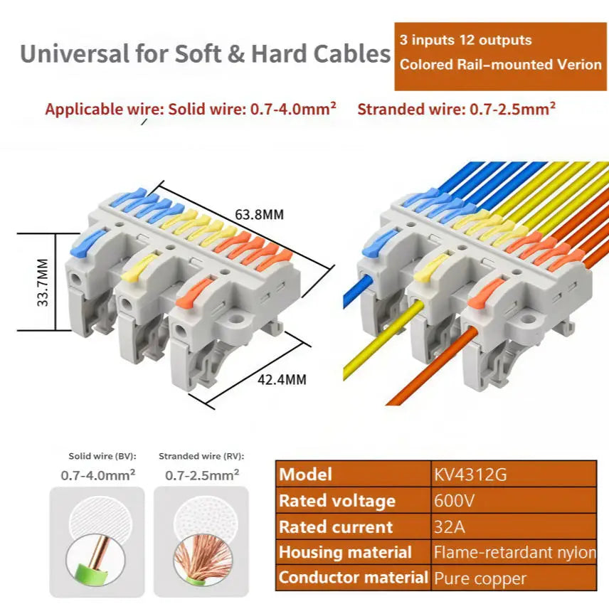 Universal Quick Push-in Electrical Wire Terminal Blocks Splitter Cable Connectors Mounted Junction Box for Home Industrial Use