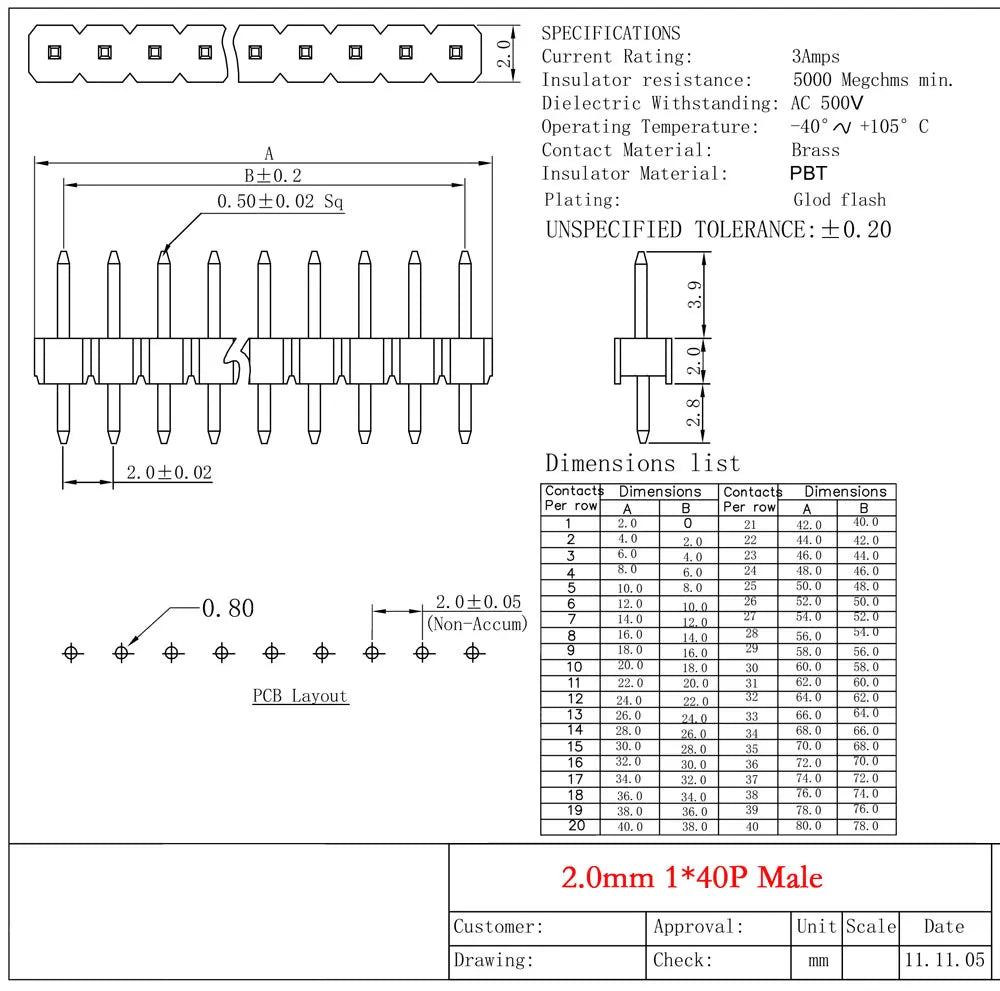 10CS Pitch 2.0mm 1x40 2x40 Pin Single Double Row Right Angle Straight SMT SMD Round Male Header Connector