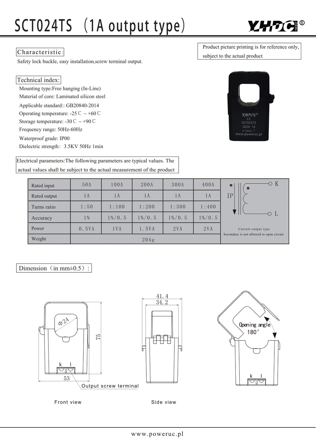 YHDC SCT024TS Input 50A/100A/150A/200A/250A/300A/400A Sensor Output 1A/5A Accuracy 0.5%/1% Split Core Current Transformer