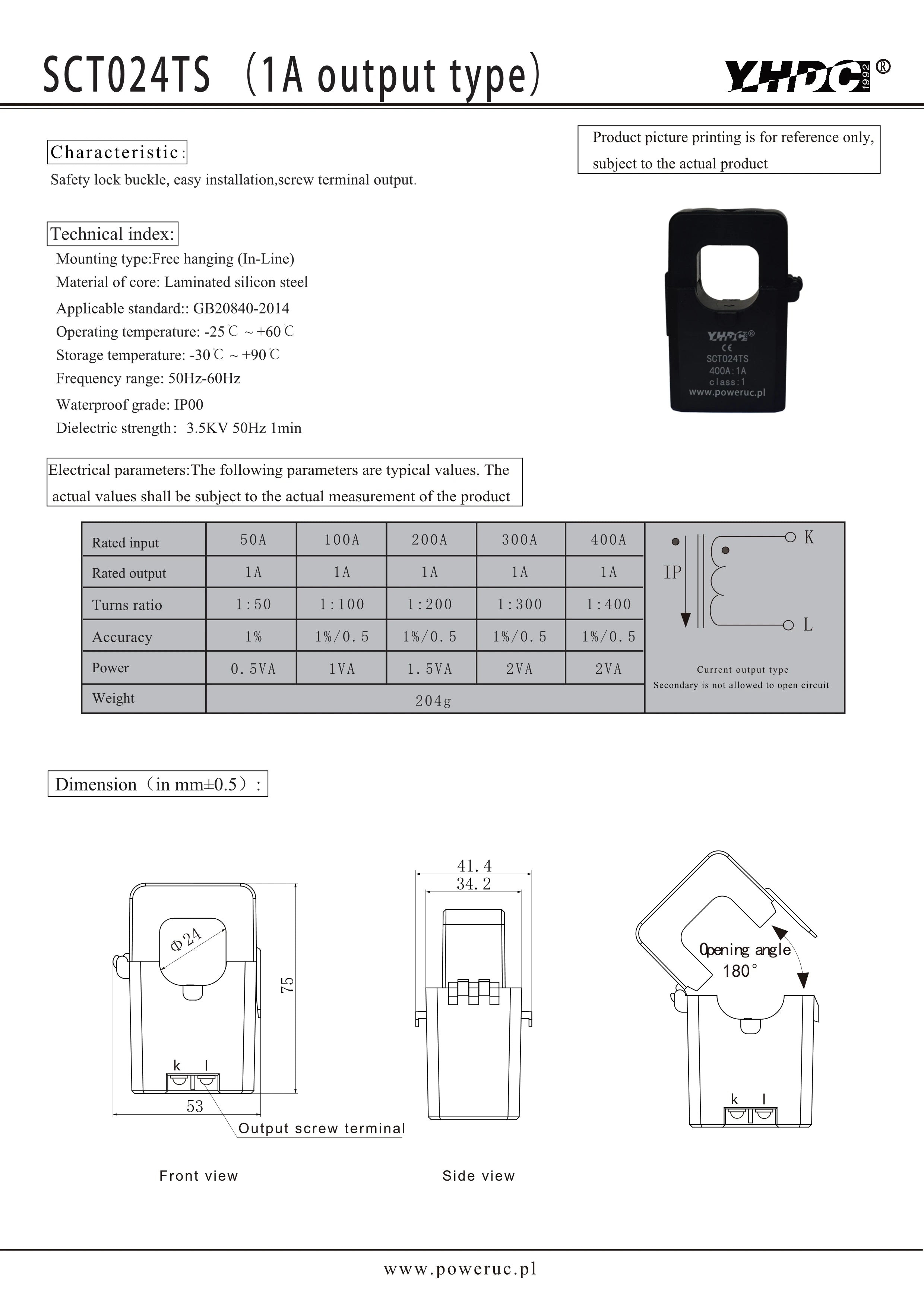 YHDC SCT024TS Input 50A/100A/150A/200A/250A/300A/400A Sensor Output 1A/5A Accuracy 0.5%/1% Split Core Current Transformer