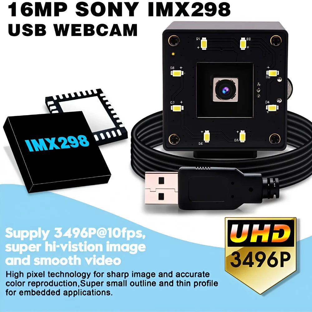 ELP 16MP Autofocus USB Camera IMX298 Sensor Ultra HD No Distortion Webcam with Night Vision White LED for Security System