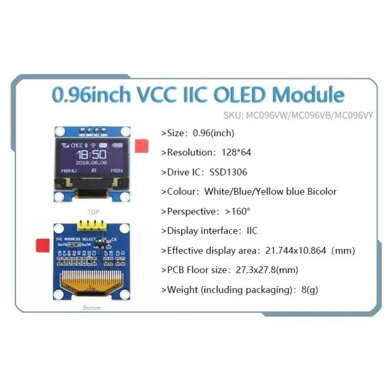 0.96 inch IIC Serial Yellow Blue White OLED Display Module 128X64 I2C SSD1306 12864 LCD GND VCC SCL SDA 0.96" for Arduino