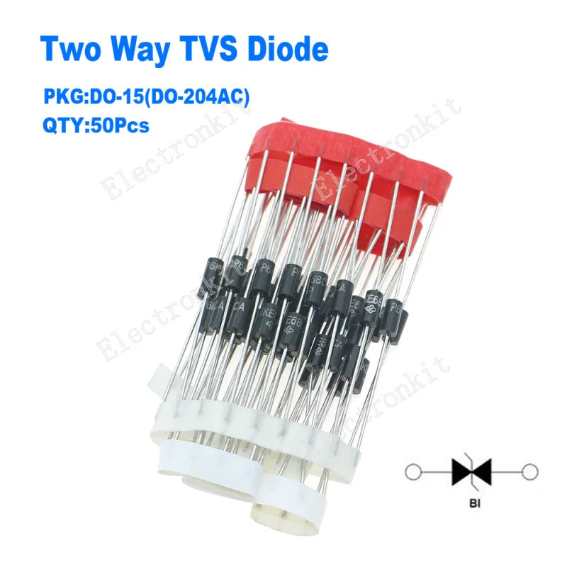 50pcs/lot Two Way TVS Diode DO-15 P6KE10CA P6KE12CA P6KE18CA P6KE22CA P6KE39CA P6KE47CA P6KE51CA P6KE75CA P6KE100CA P6KE220CA