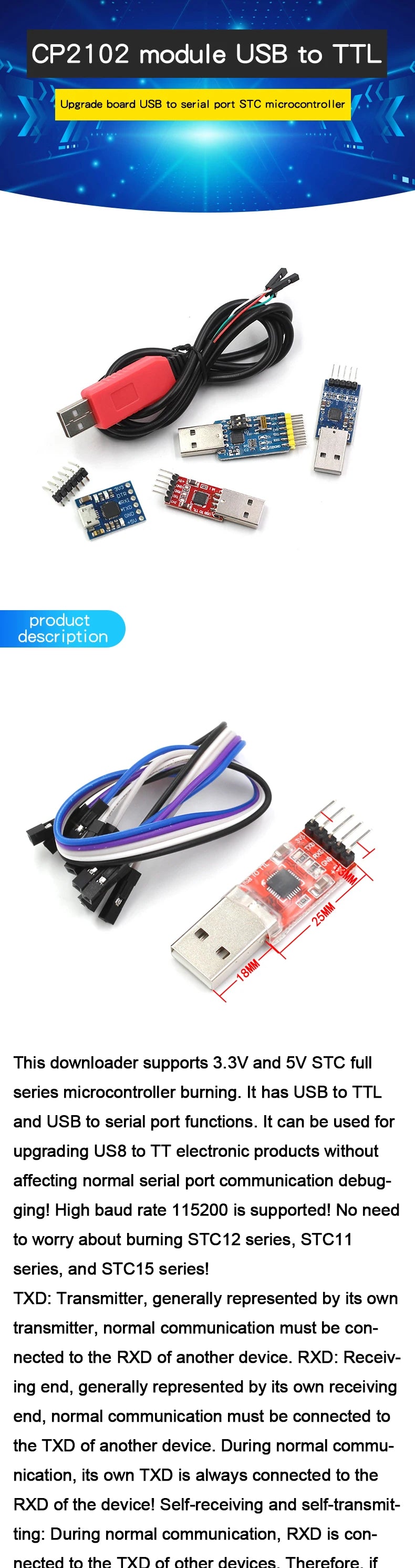 1pcs CP2102 module USB to TTL upgrade board UBS to serial port STC microcontroller download flash six in one UART