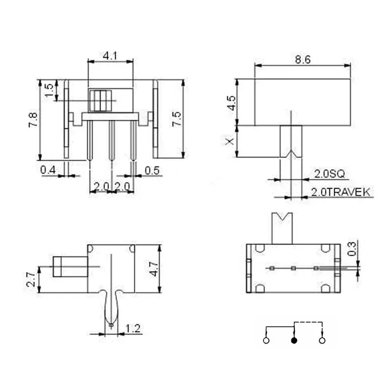 1Box Micro Slide Switch Kit 1P2T SPDT 3 Pin 2 Positions DIP PCB Mount ON-OFF Toggle Switch Interruptores 2/3/4/5/6/7MM 50V 0.5A