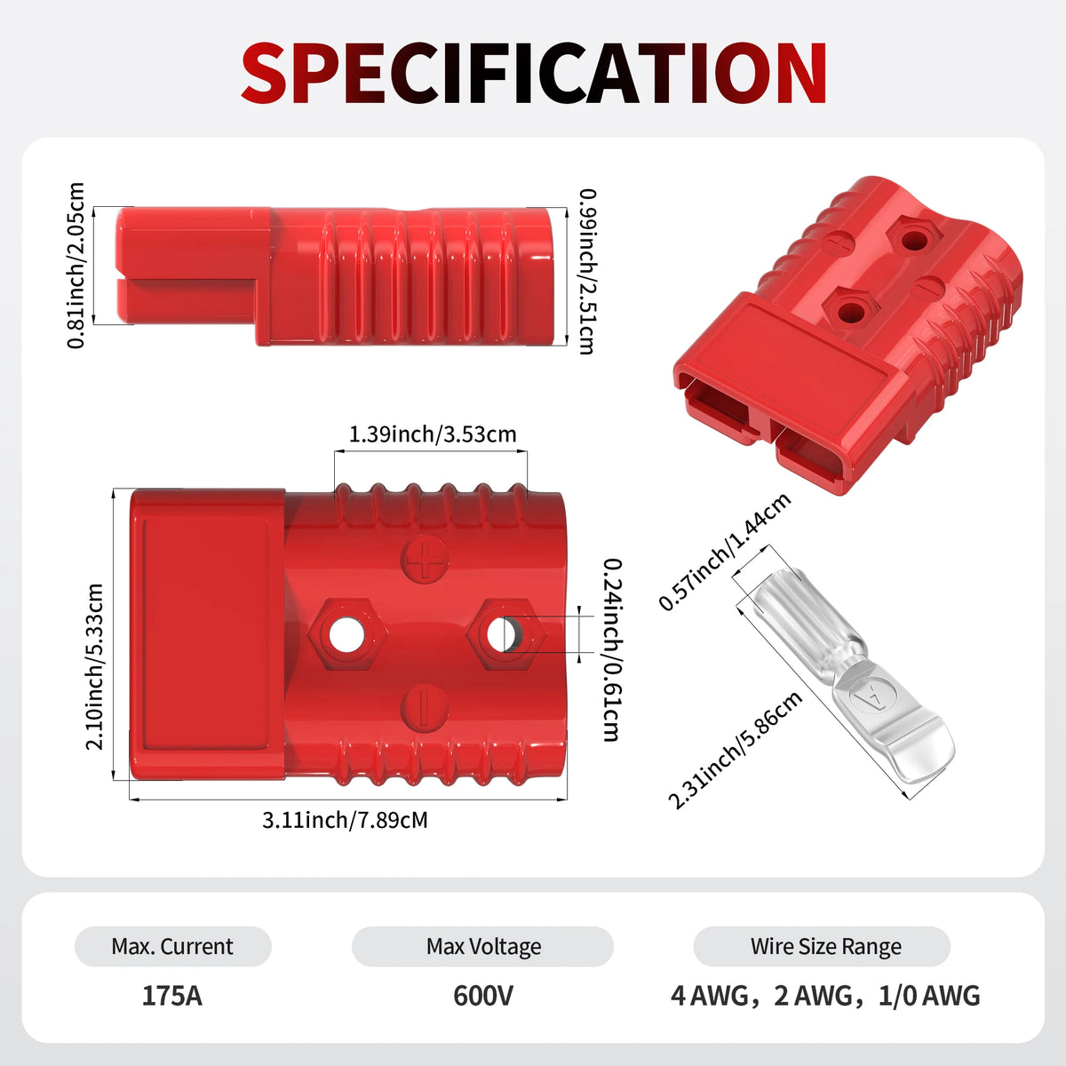 2PCS 175A Battery Quick Connect/Disconnect 1/0 AWG Wire Harness Anderson Plug Connector 12V Battery Cable Connector for Trailer