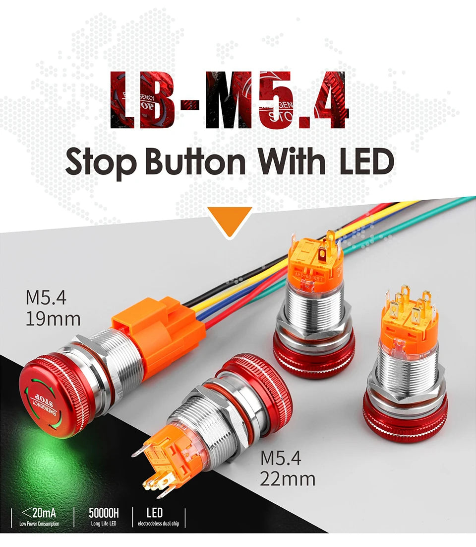 LANBOO 19mm 22mm Metal Emergency STOP Mushroom Push Button Switch Latching Button Switch with LED