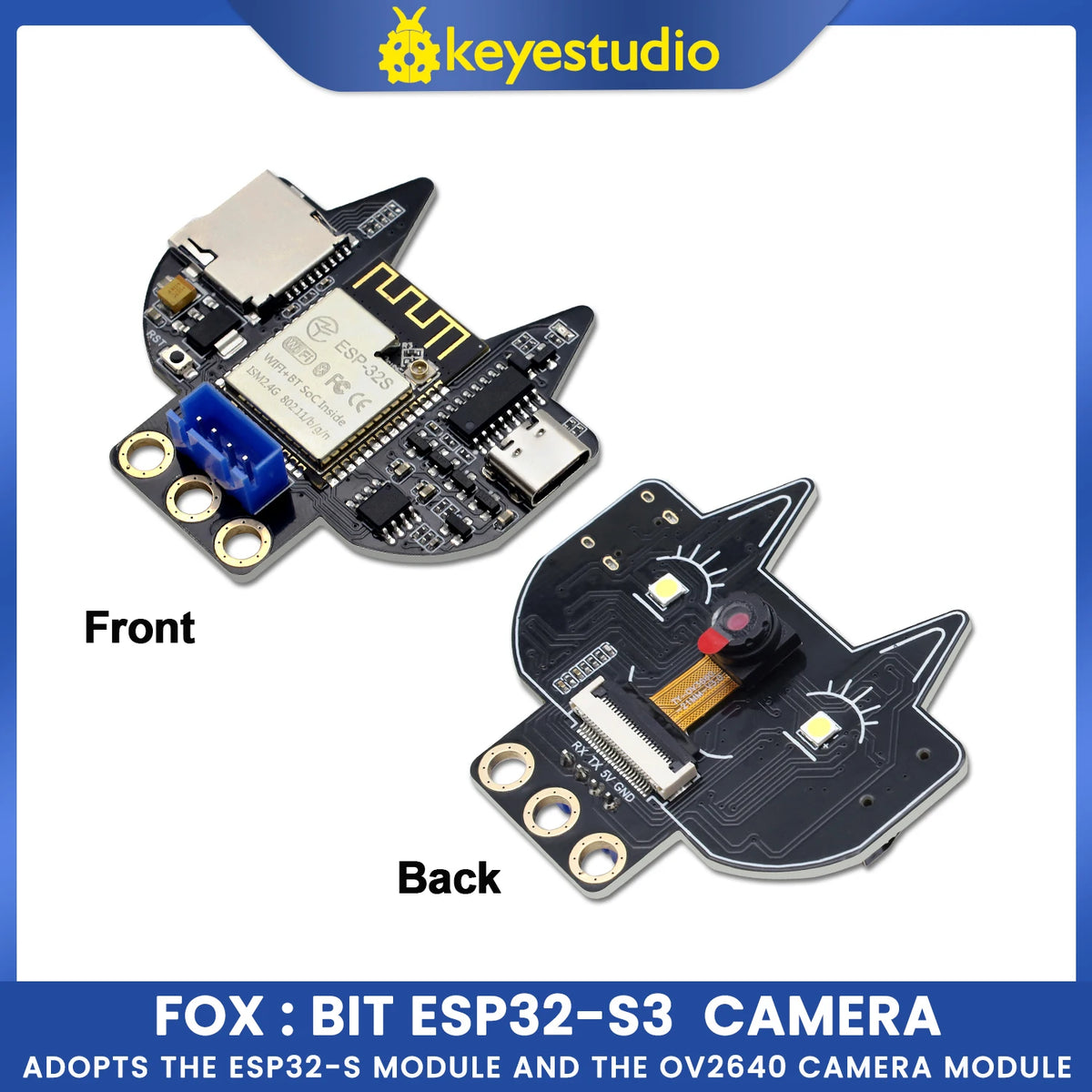 Keyestudio Fox:bit ESP32-S3 Camera Built-in 520 KB SRAM and External 8MB PSRAM Supports OV2640 and OV7670 Cameras WIFI Upload