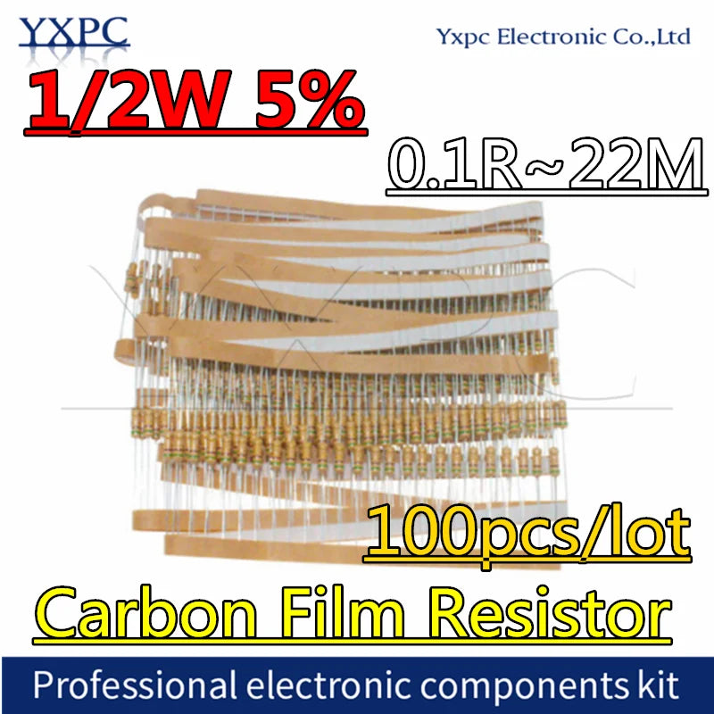 100pcs 1/2W 0.5W 5% Carbon Film Resistor 0.1R~22M 1M 1R 2.2R 10R 22R 47R100R 470R 1K 4.7K 10K 47K 1 2.2 10 22 47 51 100 150 ohm