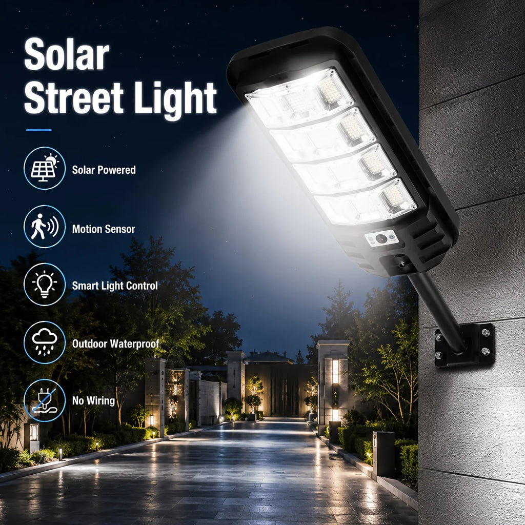 Large Solar Street Light Three-Panel LED with Human Motion Sensor Auto On Off Dusk to Dawn High Efficiency Solar Panel Super Bright Wide Angle Illumination IP65 Waterproof Wireless Security Lamp for Courtyard Driveway Garden