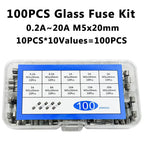 100PCS Fast Blown Glass Fuse Combination Kit M5x20mm 250V Multiple Amp Ratings 0.1A-20A Clear Plastic Storage Box