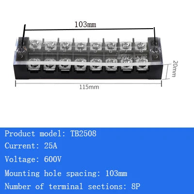 TB15A 25A 45A Copper Wiring Terminal Block 3/4/5/6/8/10/12 Position Electrical Connector Board Current Terminal Strip