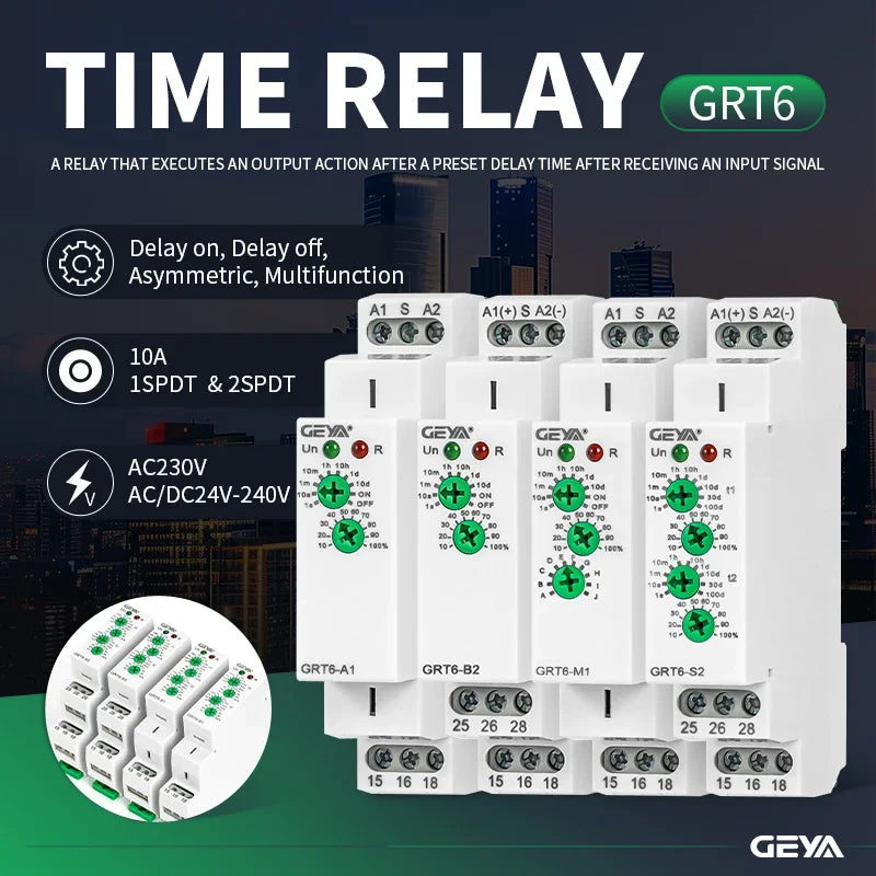GEYA GRT6-S Cycle Time Delay Relay AC/DC24V-240V Asymmetric Relay SPDT 220V 10A Electronic Repeat Relay