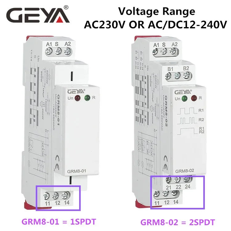GEYA GRM8 Din Rail Electronic Latching Relay Memory Relay Impulse Relay SPDT 16A Step Relay AC230V OR AC/DC12-240V