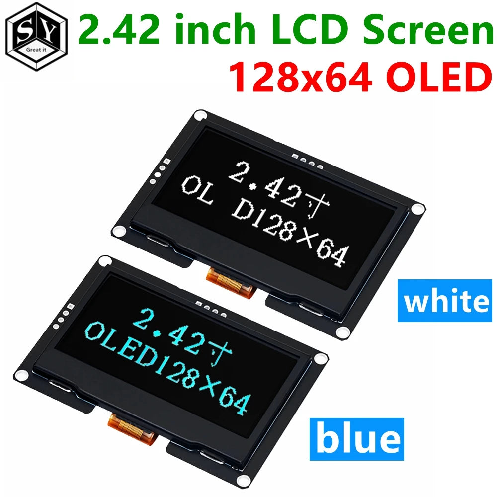 GREAT IT  2.42" 2.42 inch LCD Screen White BLUE 128x64 OLED Display Module IIC I2C SPI Serial for C51 SPD0301