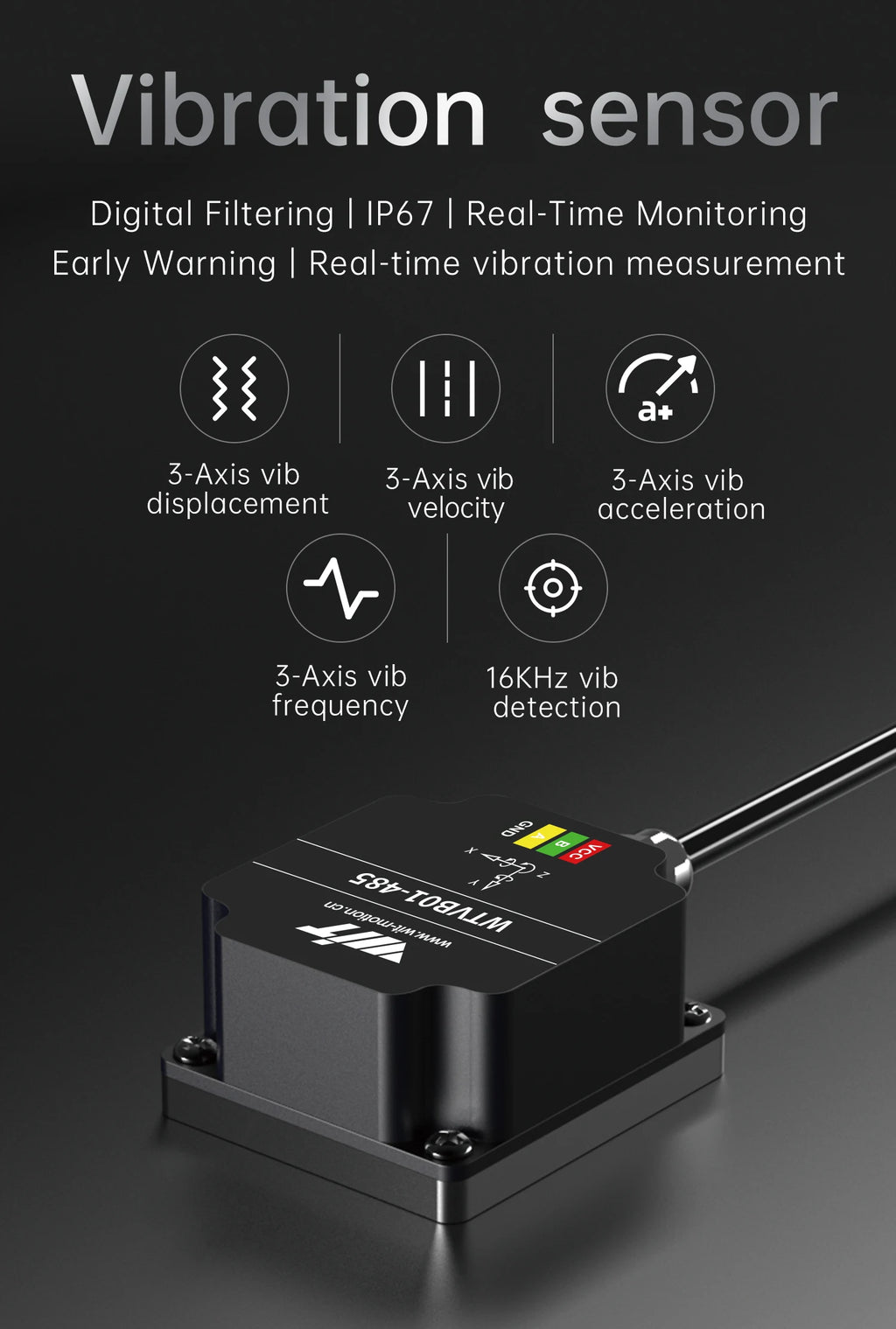 WitMotion WTVB01-485 IPX8 Vibration Sensor 3axis (XYZ) Modbus Vibration Analyzer Displacement(Acceleration +Speed+Amplitude)