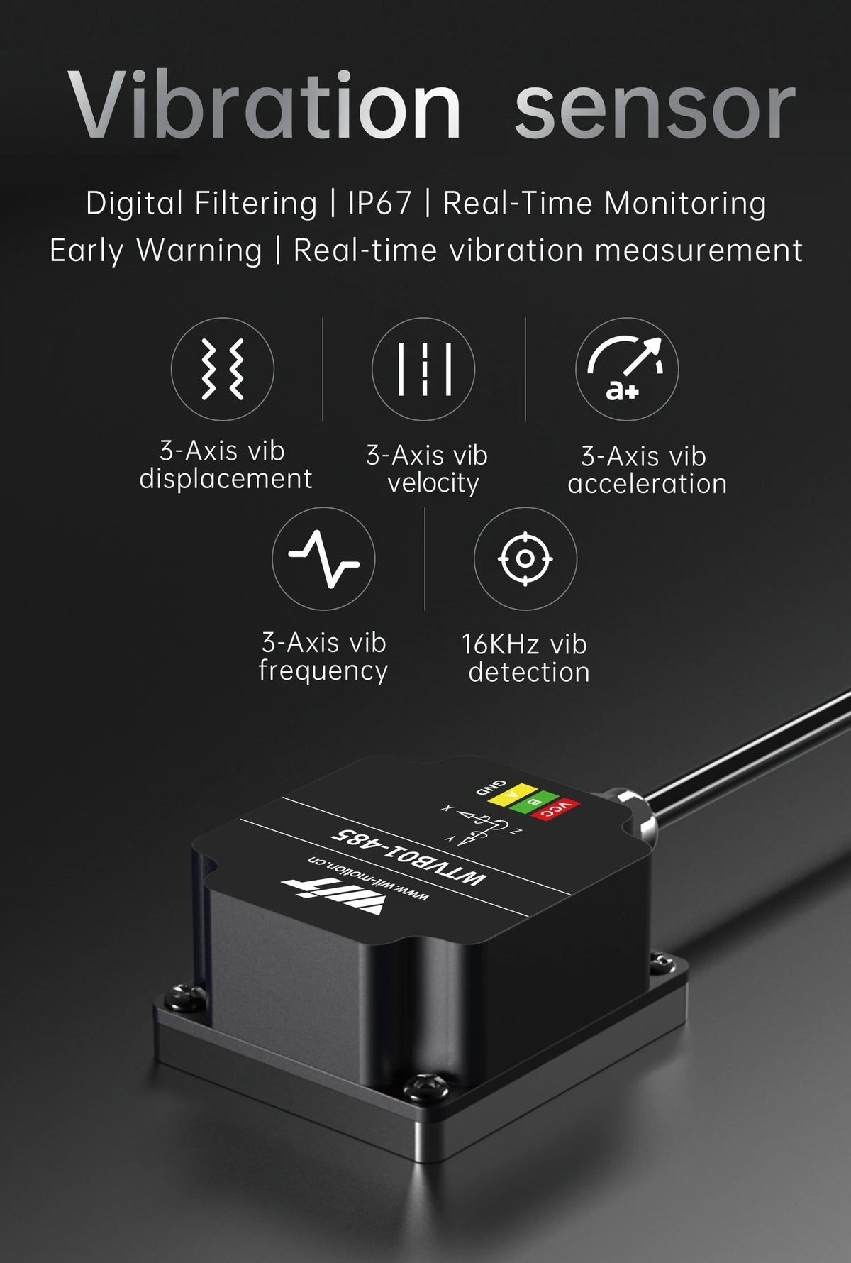 WitMotion WTVB01-485 IPX8 Vibration Sensor 3axis (XYZ) Modbus Vibration Analyzer Displacement(Acceleration +Speed+Amplitude)