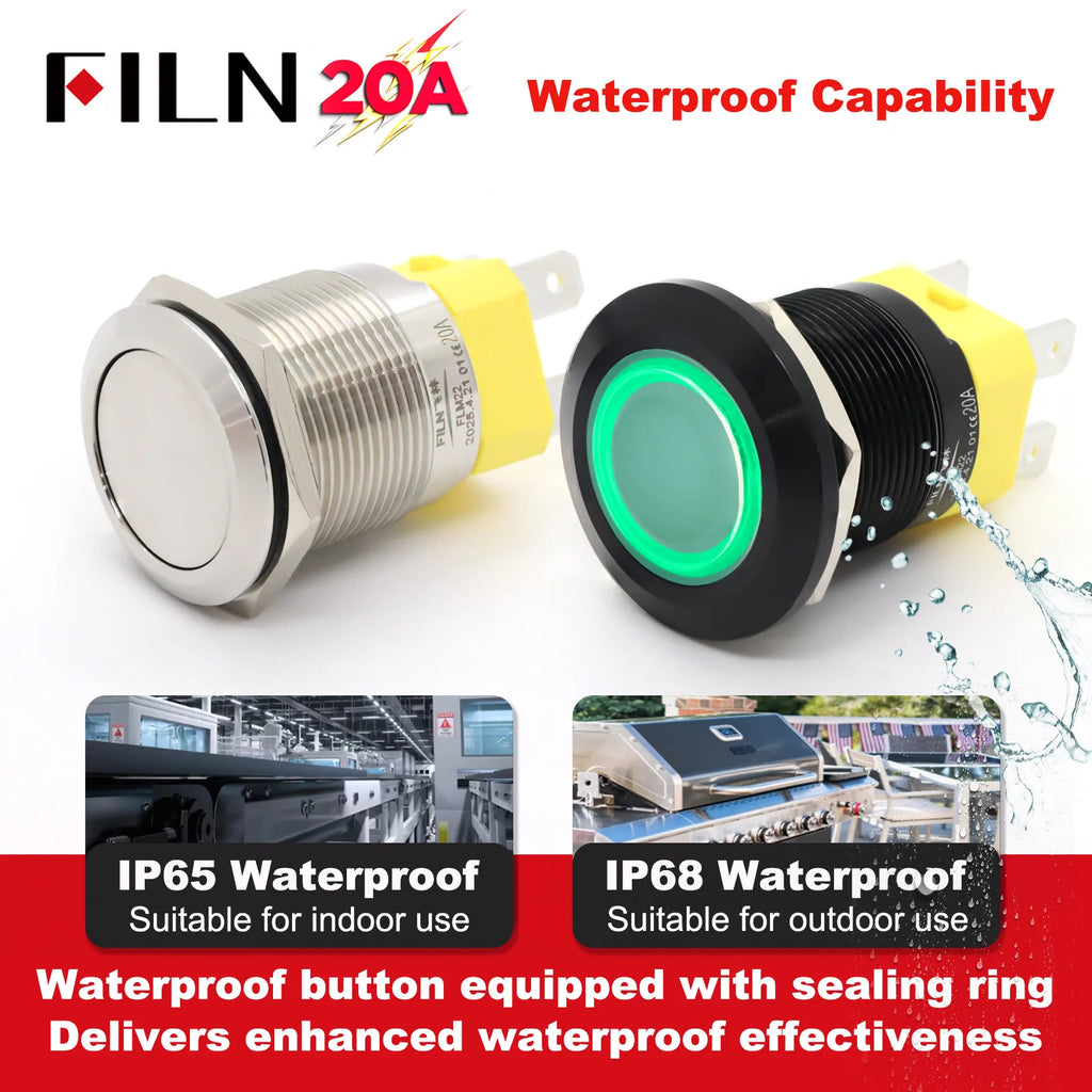 19mm 22mm 20A 12V 24V 110V 220V High Current IP68 Waterproof Flat Ring Round Push Button Switch Metal Stainless Steel 20cm Wire