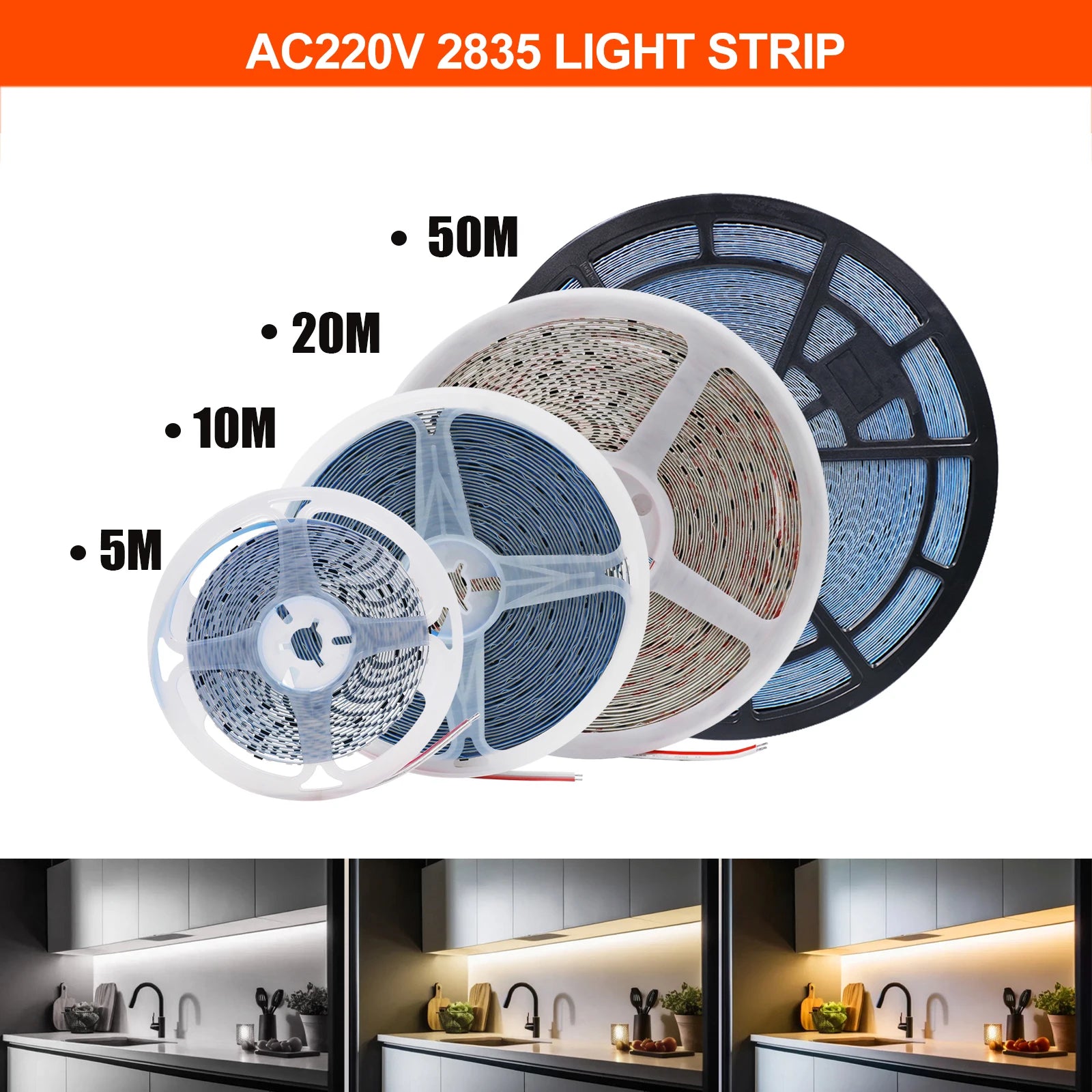 10M 20M 50M/Roll AC 220V 240V LED Strip NO Need Driver IP44 3000K 4000K 6000K 2835 120Leds/M Flexible Ribbon Rope Tape Light