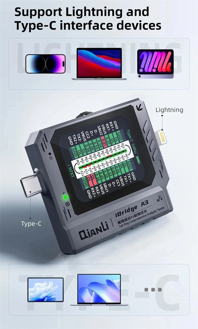 Qianli IBridge A3 Phone Tail Plug Detector Support Lightning Type-C for iPhone Samsung Charge Error Tester Detector Repair Tool
