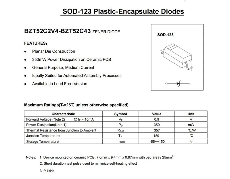 100PCS BZT52C10 10V WF BZT52C11 11V WG BZT52C12 12V WH BZT52C13 13V WI BZT52C15 15V WJ SOD-123 1206 350mW SMD Zener Diode
