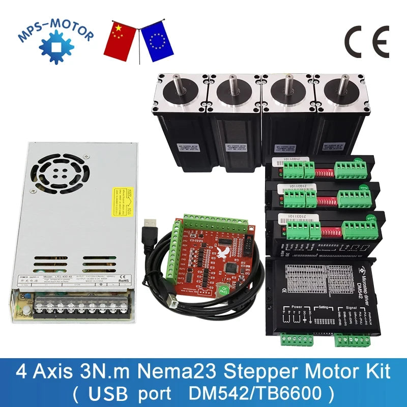 CNC Router Kit 4 Axis Nema23 3.0N.m Stepper Motor 1.8deg 425ozin with Motor Driver / Power Supply / Breakout Board Kit