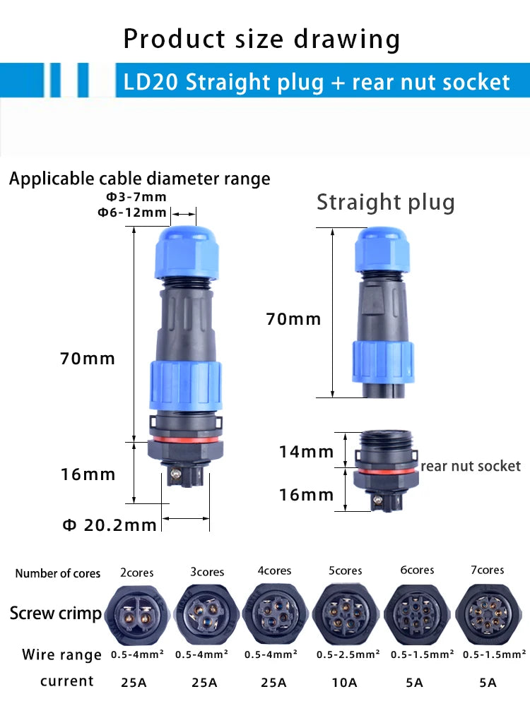 IP68 Waterproof Connector LD Series Male Plug & Female Socket 2-7 Pin & 9 Pin Panel Mount Aviation Wire Electrical Cable Connect