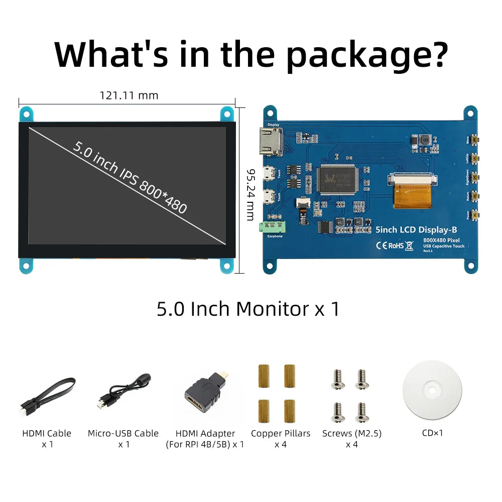 5 Inch HDMI LCD Display 800*480 Capacitive Touch Screen for Raspberry Pi 5 4B 3B 2B B+ B 3A+ A+ Zero W Zero