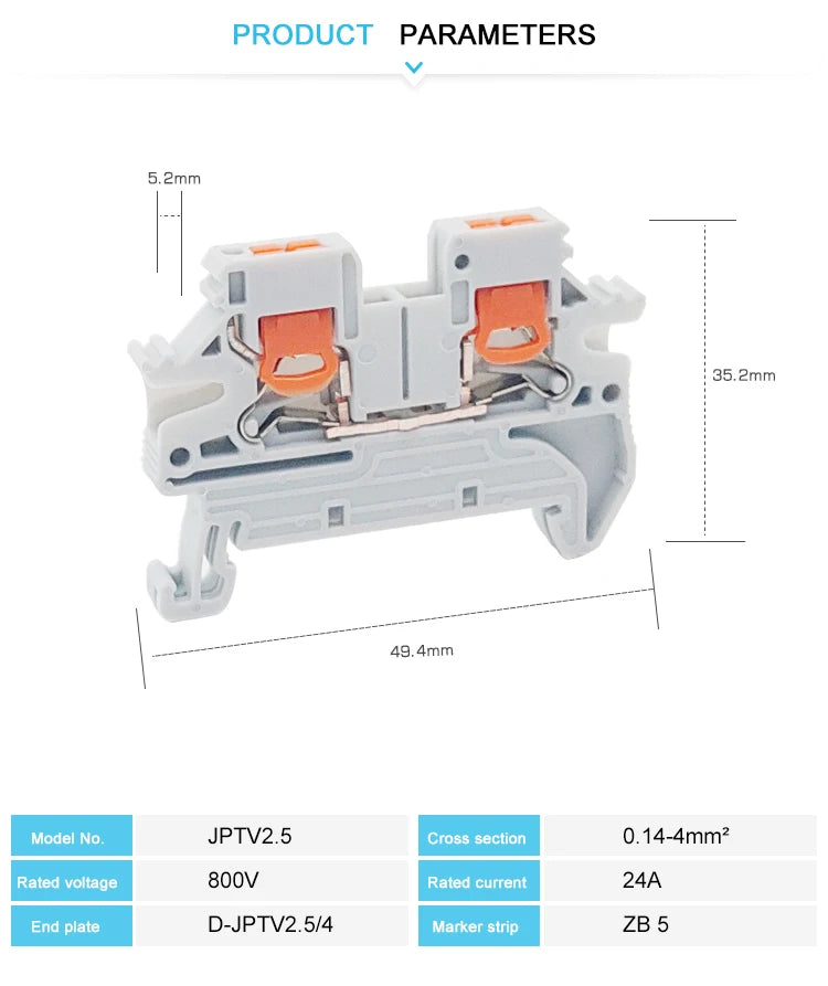 10Pcs PTV 2.5 DIN Rail Terminal Block Side-Entry Push-in Connection 2.5mm² 12 AWG Cable Wiring Electrical Wire Connector PTV2.5