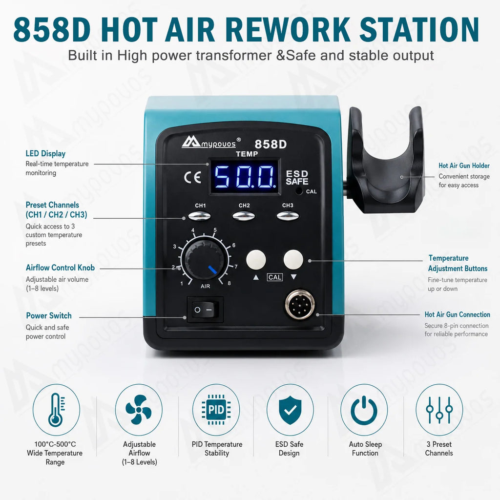 750W 858D hot air gun LED Digital BGA rework Lead-free soldering station SMT desoldering station Temperature storage 110V-120V