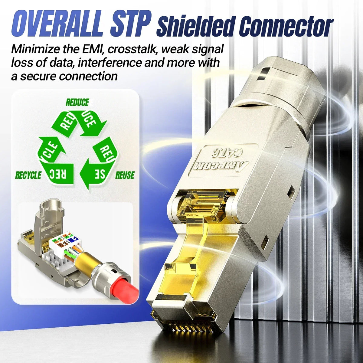 AMPCOM Tool-less RJ45 Connector, CAT8/7A/7/6A/6 Tool Free Reusable Termination Plugs Shielded Ethernet Field Modular PLug
