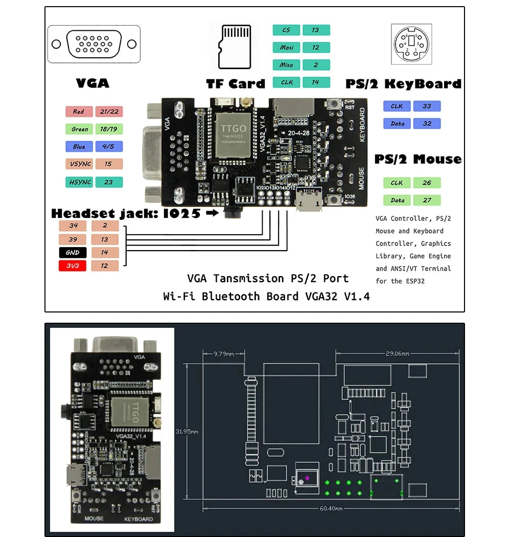 LILYGO® TTGO VGA VGA32 Module V1.4 PSRAM ESP32 PS/2 Mouse And Keyboard Controller Graphics Library Game Engine ANSI/VT Terminal